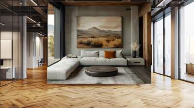 Modern living room with a serene landscape view and minimalist decor. Wall mural