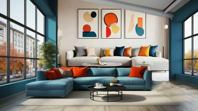 Modern living room with abstract art and cozy decor. Wall mural