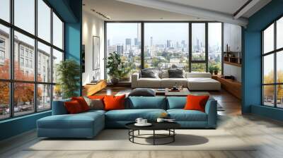 Modern living room with city view and contemporary decor. Wall mural