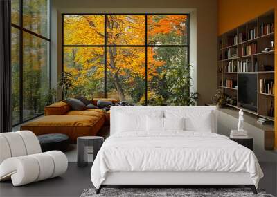 Modern Living Room with Large Windows,  Autumn Foliage Views, and Built-in Bookshelf Wall mural