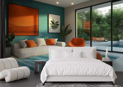 Modern living room with vibrant colors and a view of nature. Wall mural