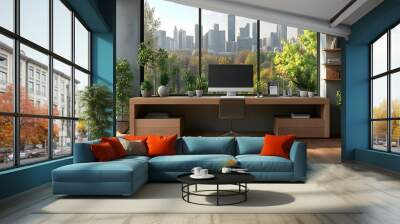 Modern office space with a view of a city skyline and greenery. Wall mural