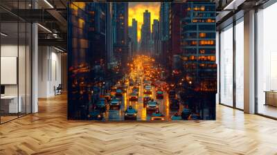 A bustling city street with traffic and buildings illuminated at sunset. Wall mural