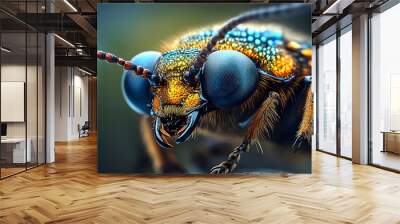 A close-up of a colorful beetle with large eyes and furry legs. Wall mural