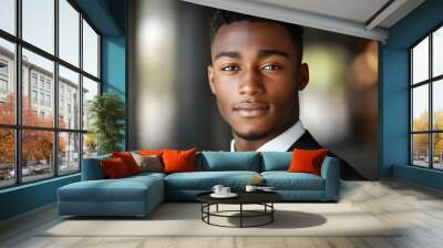 A close-up portrait of a young African American man in a black suit and white shirt looking directly at the camera. Wall mural