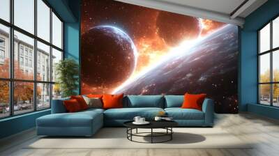 A close-up view of a planet with two other planets in the background, one of which is on fire. Wall mural