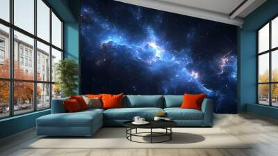 A cosmic landscape with a glowing nebula in blue and white hues against a dark sky filled with stars. Wall mural