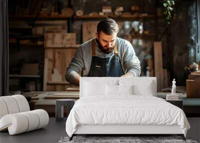 A craftsman working diligently in a woodshop. Wall mural