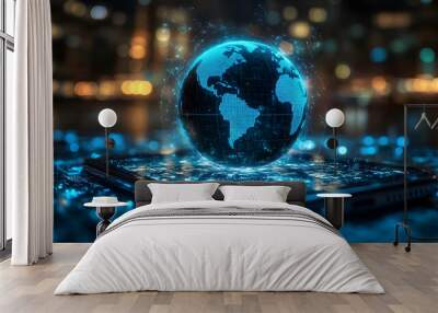 A digital globe emerging from a smartphone, symbolizing global connectivity and technology. Wall mural