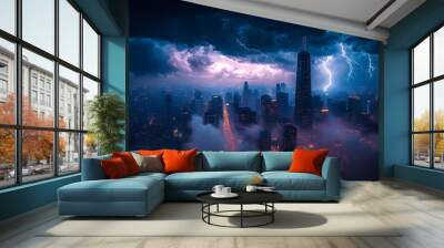 A dramatic cityscape with lightning striking over the city. Wall mural