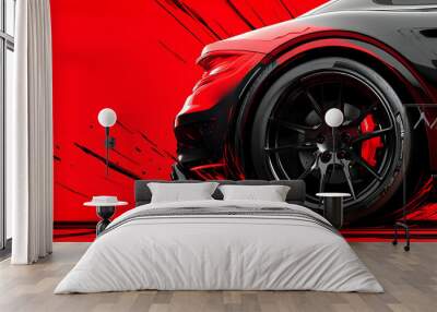 A dynamic close-up of a car wheel against a vibrant red background, emphasizing speed. Wall mural