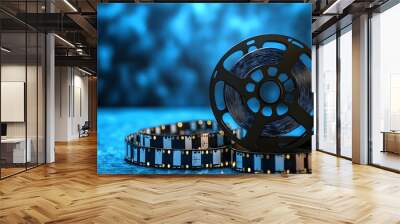 A film reel and strip set against a blue background, symbolizing cinema and storytelling. Wall mural