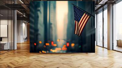 A foggy city street with an American flag prominently displayed. Wall mural