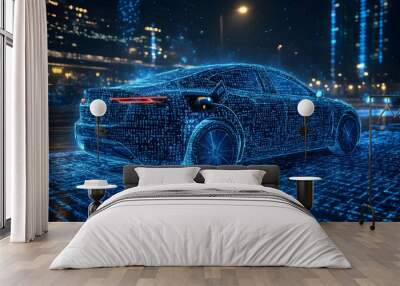 A futuristic car design represented in a digital, holographic style. Wall mural