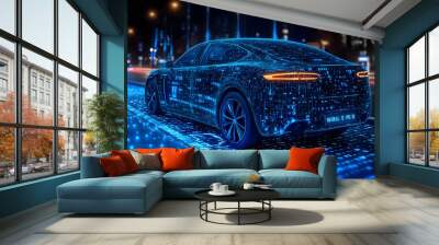 A futuristic car illuminated with digital patterns on a vibrant city street. Wall mural