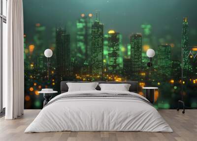 A futuristic cityscape with glowing green and yellow lights, representing the concept of technology and urban development. Wall mural