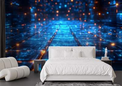 A futuristic corridor with glowing blue and orange lights. Wall mural