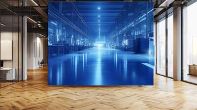 A futuristic industrial space with blue lighting and reflective floors. Wall mural