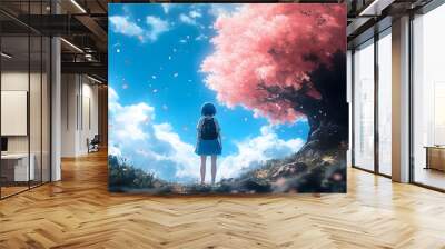 A girl in a blue skirt and backpack stands under a large pink tree, looking up at the sky with a thoughtful expression.  Falling cherry blossoms surround her. Wall mural