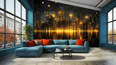 A glittering cityscape with golden lights reflecting on the water at night. Wall mural