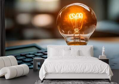 A glowing light bulb beside a calculator on a document, symbolizing ideas and calculations. Wall mural