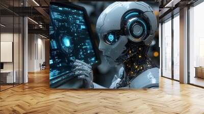 A humanoid robot with glowing blue eyes and circuitry works on a futuristic computer screen with glowing blue interfaces. Wall mural