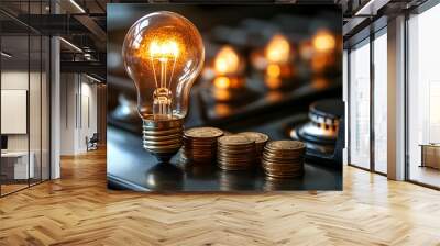 A light bulb next to stacked coins on a gas stove, symbolizing energy costs and savings. Wall mural