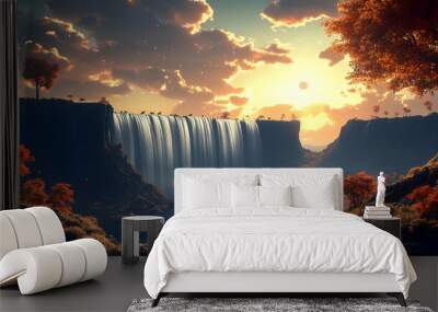 A majestic waterfall cascades down a cliff face, creating a picturesque scene with a sunset and lush foliage. Wall mural