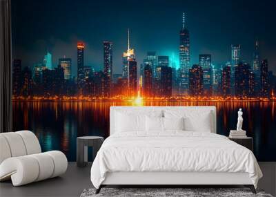 A nighttime cityscape with skyscrapers illuminated by colorful lights, reflecting on the calm water of a river or lake. Wall mural