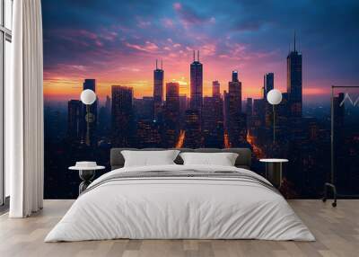 A panoramic view of a city skyline at sunset, with skyscrapers silhouetted against a vibrant sky. Wall mural