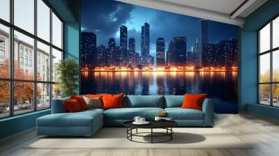 A panoramic view of a modern city skyline at night, with towering skyscrapers illuminated by city lights reflected in the water. Wall mural