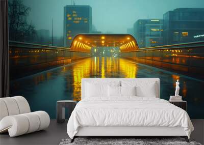 A pedestrian bridge with a wet surface, glowing with yellow lights, in a foggy cityscape. Wall mural