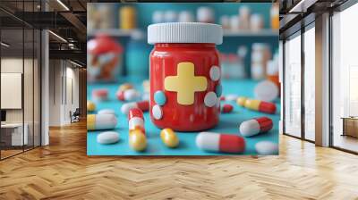 A red medicine bottle surrounded by various pills on a blue surface. Wall mural