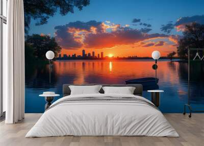 A single boat sits in the middle of a lake with a stunning sunset over a city skyline. Wall mural