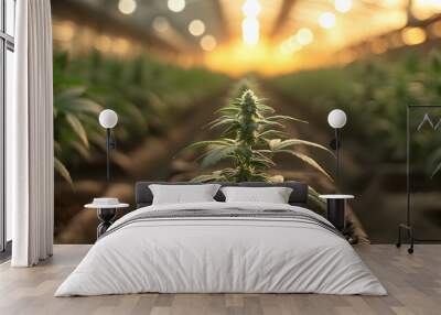 A single cannabis plant grows in a greenhouse, bathed in the soft light of the setting sun. Wall mural