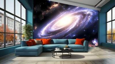 A spiral galaxy with bright white core surrounded by swirling blue nebula and stars. Wall mural