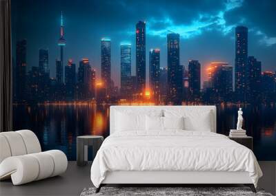 A stunning cityscape at dusk with tall skyscrapers reflected in the water. Wall mural