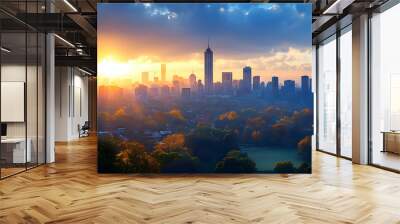 A stunning sunrise over a modern city with tall skyscrapers and a hazy glow. Wall mural