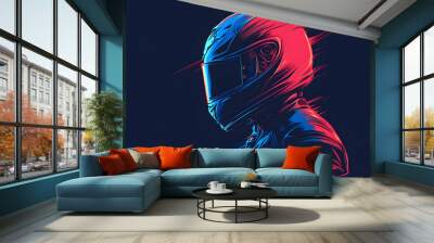 A stylized illustration of a motorcyclist in a helmet with dynamic lighting effects. Wall mural