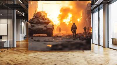 A tank drives through a war-torn city street with soldiers walking in the distance. Wall mural