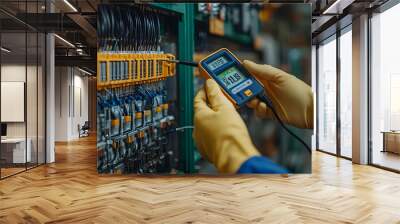 A technician measures electrical readings on equipment using a multimeter in a control panel. Wall mural