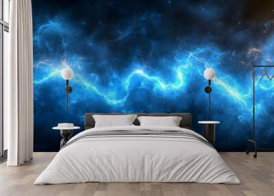 A vibrant blue electric wave against a dark cosmic background, evoking energy and movement. Wall mural