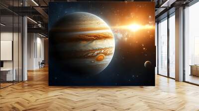 A view of Jupiter with its swirling cloud patterns and a bright star in the background. Wall mural