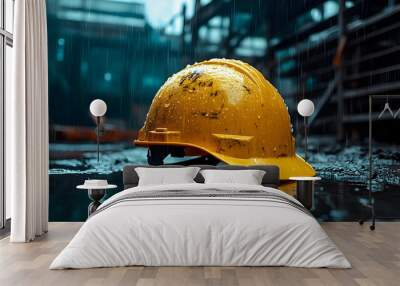 A yellow hard hat resting on a wet surface in a rainy environment. Wall mural