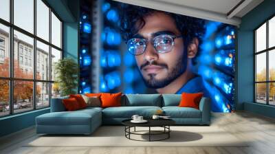 A young man with glasses looks at the camera while standing in a server room. Wall mural