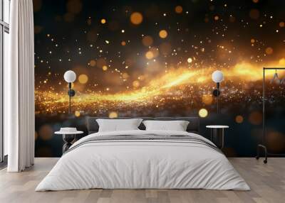 Abstract gold glitter wave with bokeh lights on a black background. Wall mural