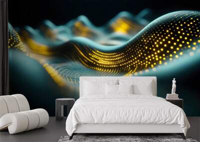 Abstract teal and gold wave with glowing dots. Wall mural