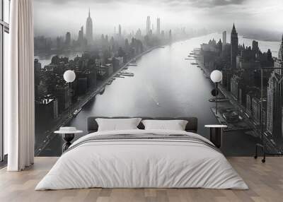 An aerial view of a city skyline with a river flowing through it. The city is in the distance and is obscured by fog or haze. Wall mural