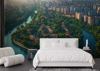 An aerial view of a lush green island in a city with a river flowing around it. Wall mural