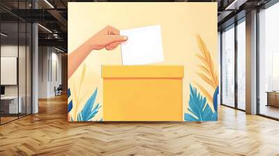 An illustration of a hand casting a vote into a yellow ballot box surrounded by foliage. Wall mural